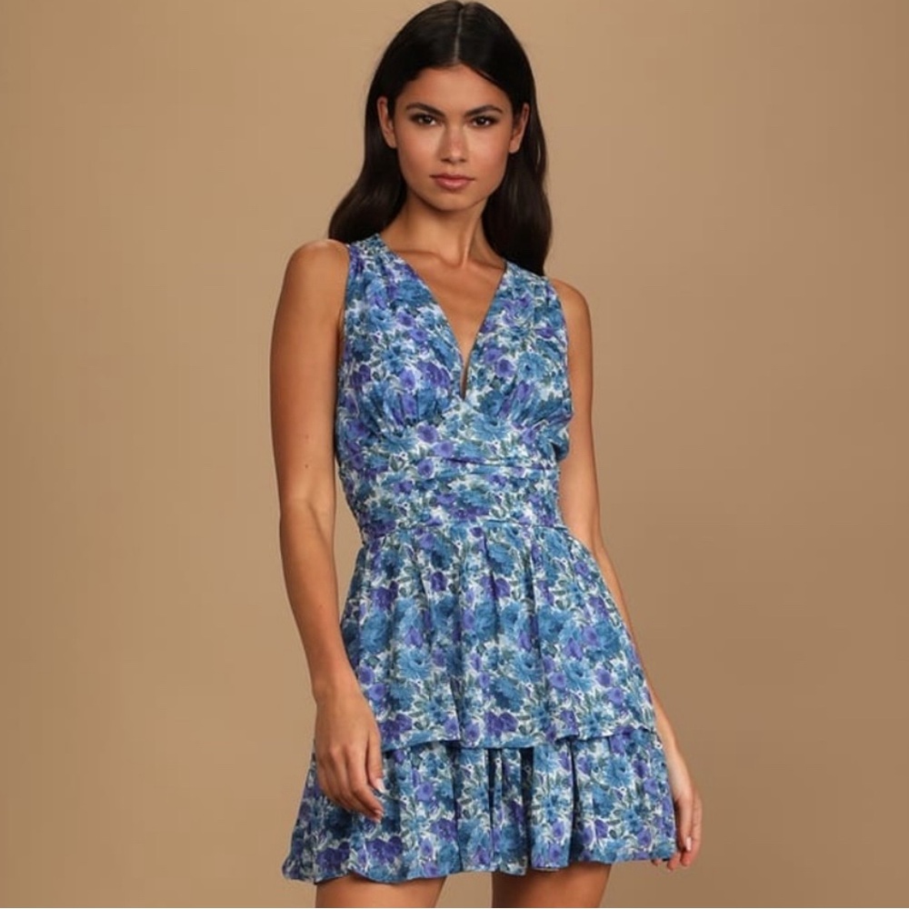 LULUS Sweet Type of Love Blue Floral Print Ruffle Tiered Mini Dress V-Neck Small